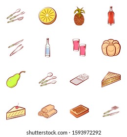 Alcohol, Bakery products, Cutlery and Fruits set. Background for printing, design, web. Usable as icons. Colored.