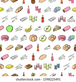 Alcohol, Bakery products, Cutlery and Fruits set. Background for printing, design, web. Usable as icons. Seamless. Colored.