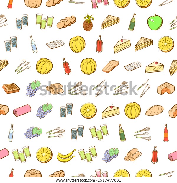 Alcohol,
Bakery products, Cutlery and Fruits set. Background for printing,
design, web. Usable as icons. Seamless.
Colored.