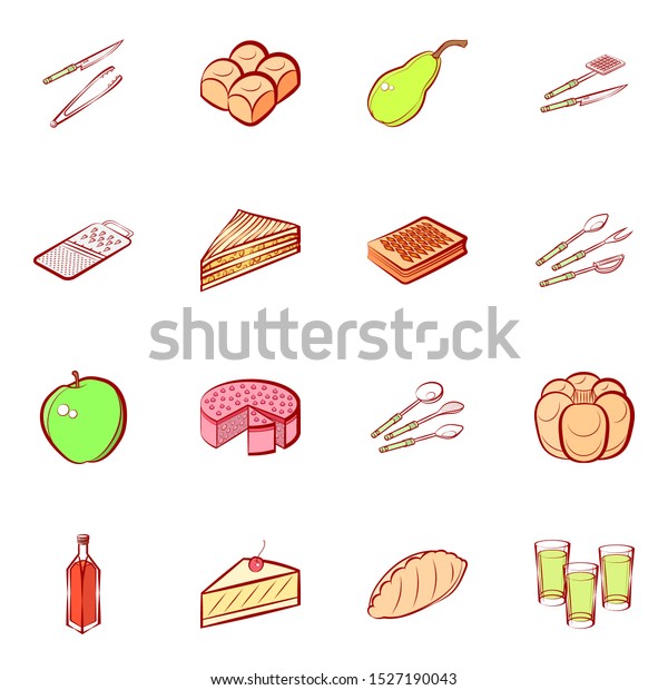 Alcohol, Bakery\
products, Cutlery and Fruits set. Background for printing, design,\
web. Usable as icons.\
Colored.