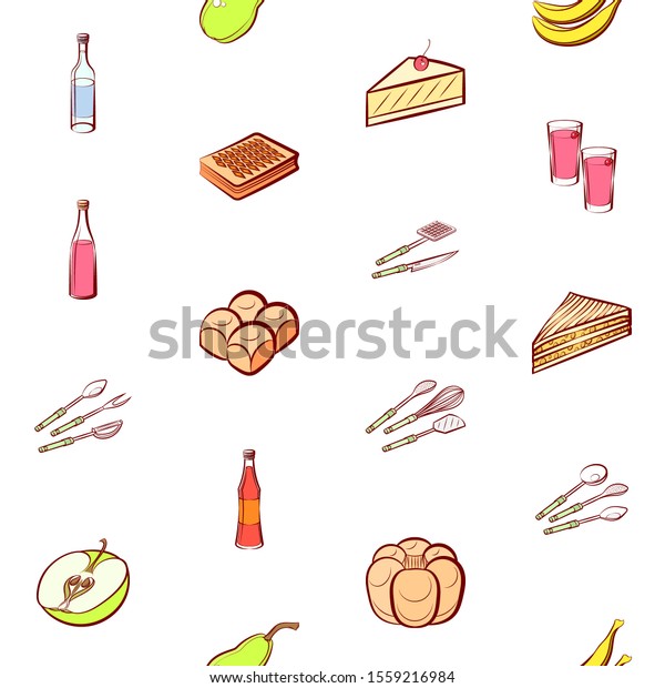 Alcohol,\
Bakery products, Cutlery and Fruits set. Background for printing,\
design, web. Usable as icons. Seamless.\
Colored.