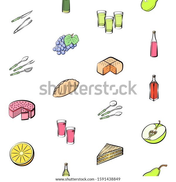 Alcohol,\
Bakery products, Cutlery and Fruits set. Background for printing,\
design, web. Usable as icons. Seamless.\
Colored.