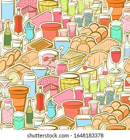 Alcohol, Bakery products and Drinks pattern. Background for printing, design, web. Seamless. Colored.