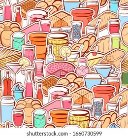 Alcohol, Bakery products and Drinks pattern. Background for printing, design, web. Seamless. Colored.