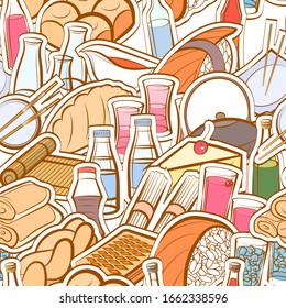 Alcohol, Bakery products and Japanese food pattern. Background for printing, design, web. Seamless. Colored.