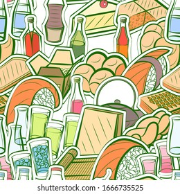 Alcohol, Bakery products and Japanese food pattern. Background for printing, design, web. Seamless. Colored.