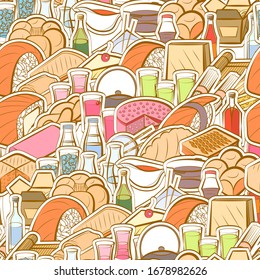 Alcohol, Bakery products and Japanese food pattern. Background for printing, design, web. Seamless. Colored.