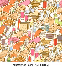 Alcohol, Bakery products and Japanese food pattern. Background for printing, design, web. Seamless. Colored.