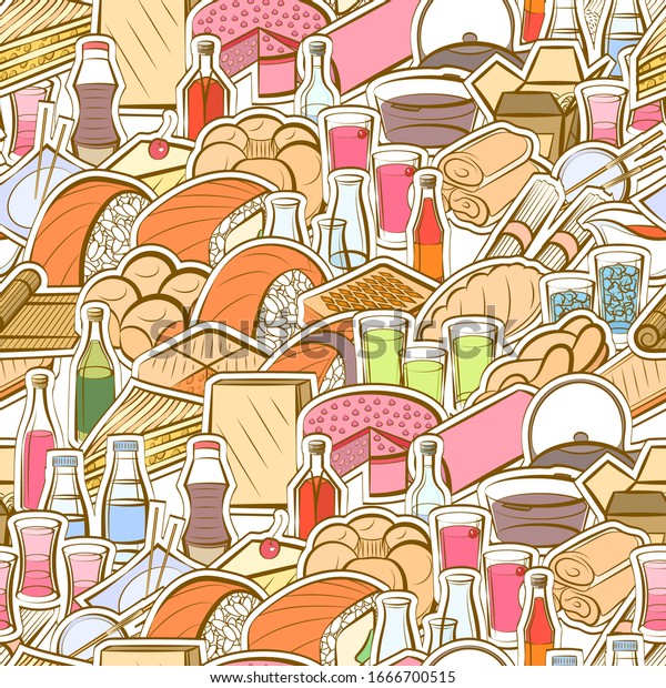 Alcohol, Bakery products\
and Japanese food pattern. Background for printing, design, web.\
Seamless. Colored.