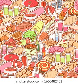 Alcohol, Bakery products and Snacks pattern. Background for printing, design, web. Seamless. Colored.