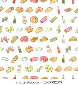 Alcohol, Bakery products and Table setting set. Background for printing, design, web. Usable as icons. Seamless. Colored.