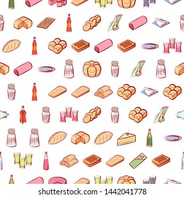 Alcohol, Bakery products and Table setting set. Background for printing, design, web. Usable as icons. Seamless. Colored.