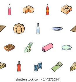 Alcohol, Bakery products and Table setting set. Background for printing, design, web. Usable as icons. Seamless. Colored.