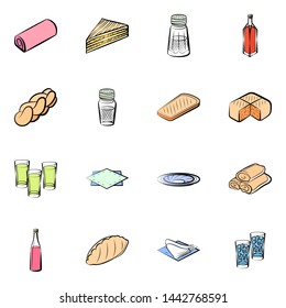 Alcohol, Bakery products and Table setting set. Background for printing, design, web. Usable as icons. Colored.