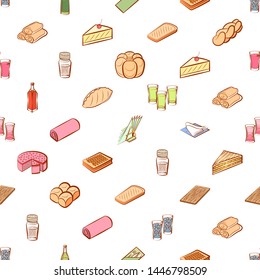 Alcohol, Bakery products and Table setting set. Background for printing, design, web. Usable as icons. Seamless. Colored.