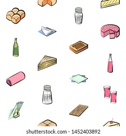 Alcohol, Bakery products and Table setting set. Background for printing, design, web. Usable as icons. Seamless. Colored.