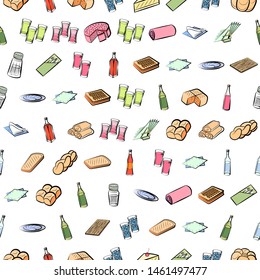 Alcohol, Bakery products and Table setting set. Background for printing, design, web. Usable as icons. Seamless. Colored.