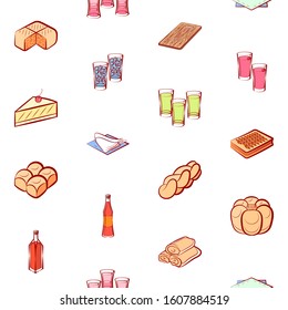 Alcohol, Bakery products and Table setting set. Background for printing, design, web. Usable as icons. Seamless. Colored.