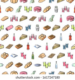 Alcohol, Bakery products and Table setting set. Background for printing, design, web. Usable as icons. Seamless. Colored.