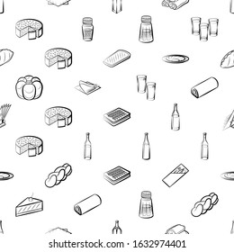 Alcohol, Bakery products and Table setting set. Background for printing, design, web. Usable as icons. Seamless. Monochrome binary, black and white.