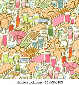 Alcohol, Bakery products and Table setting pattern. Background for printing, design, web. Seamless. Colored.