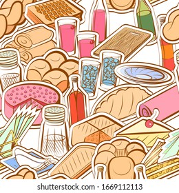 Alcohol, Bakery products and Table setting pattern. Background for printing, design, web. Seamless. Colored.