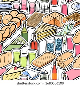 Alcohol, Bakery products and Table setting pattern. Background for printing, design, web. Seamless. Colored.