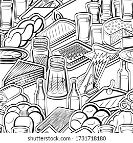 Alcohol, Bakery products and Table setting pattern. Background for printing, design, web. Seamless. Monochrome binary, black and white.