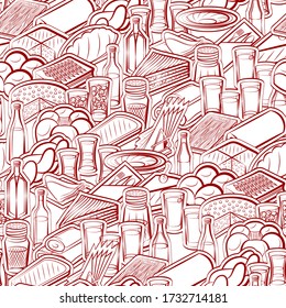 Alcohol, Bakery products and Table setting pattern. Background for printing, design, web. Seamless. Binary color.