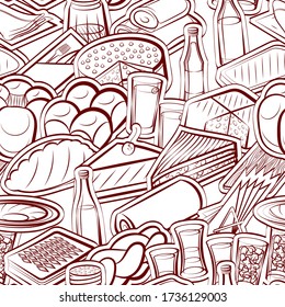 Alcohol, Bakery products and Table setting pattern. Background for printing, design, web. Seamless. Binary color.