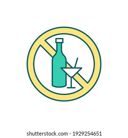 Alcohol ban RGB color icon. Excessive alcohol consumption stop. Alcoholism prevention. Changing drinking habits. Alcohol-related harms. Alcoholic beverages misuse. Isolated vector illustration