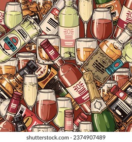 Alcohol bar colorful seamless pattern with champagne and martini bottles and glasses of wine or bourbon vector illustration