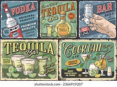 Alcohol bar colorful set stickers with bottles and glasses filled with vodka and tequila for making cocktails vector illustration