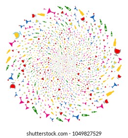 Alcohol Bar Drinks curl exploding globula. Object twist created from random alcohol bar drinks items. Vector illustration style is flat iconic symbols.