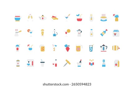 Bebidas de barra de álcool, bebidas quentes e frias em vidro, garrafa, alumínio pode cor ícone conjunto. Água de refrigerante e coquetel com gelo, barril de vinho, margarita e xícara de martini, cerveja pinta plana vetor ilustração