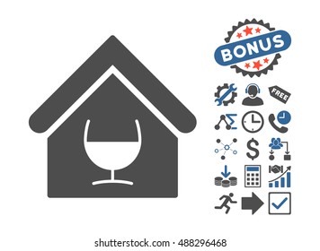 Alcohol Bar icon with bonus elements. Vector illustration style is flat iconic bicolor symbols, cobalt and gray colors, white background.