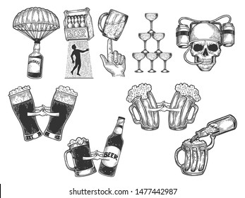 Alcohol bar menu set sketch engraving vector illustration. Scratch board style imitation. Black and white hand drawn image.