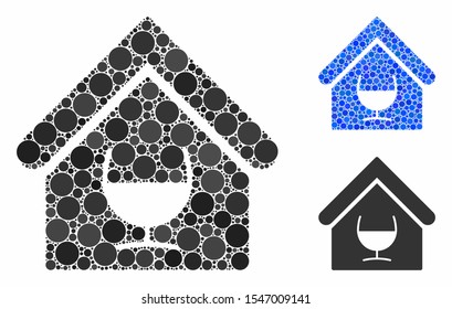 Alcohol bar mosaic of small circles in variable sizes and color hues, based on alcohol bar icon. Vector small circles are organized into blue illustration.