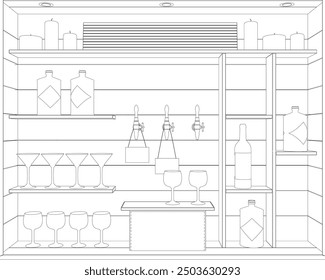 Alcohol bar outline with bottles and glasses on shelves made of black lines isolated on white background. Vector illustration.