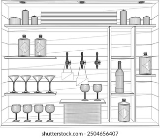 Alcohol bar outline with bottles and glasses on shelves made of black lines isolated on white background. Vector illustration.