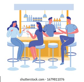 Alcohol Bar or Pub Visitors Drinking and Talking and Bartender Serve Beverages. Cocktail Evening in Restaurant and Urban Night Lifestyle with Cartoon People Characters. Flat Vector Illustration.