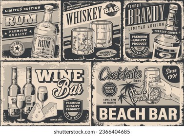 Alcohol bar set flyers monochrome wine and rum or brandy in bottles near glasses with whiskey and cocktail vector illustration
