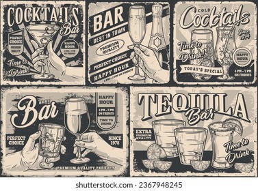 Alcohol bar set flyers monochrome martini cocktail in glass and champagne bottle near hands with wine and whiskey vector illustration