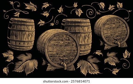 Alcohol Barrels. Design set. Editable hand drawn illustration. Vector vintage engraving. Isolated on black background. 8 EPS