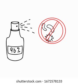 limpiador de mano a base de alcohol que trabaja contra el coronavirus. medidas de protección de la salud contra 2019-nCoV. signo de prohibición roja. medidas de alerta y protección. seguridad, salud, prevención de enfermedades virales