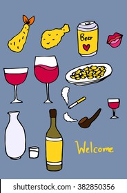 Alcohol, Beer, Japan, Wine sake with appetizer tempura, Fires chicken.