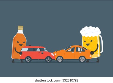 Alcohol and beer push 2 cars to make accident. This illustration means drunk  driving cause car accident.