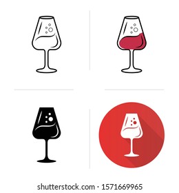 Alcohol beverage with bubbles icons set. Sweet aperitif drink. Party cocktail. Port wineglass. Tableware, glassware. Flat design, linear, black and color styles. Isolated vector illustrations