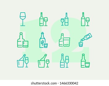 Alcohol and beverage icons. Set of line icons on white background. Glass and bottles of wine. Bar concept. Vector illustration can be used for topics like restaurants and parties with alcohol
