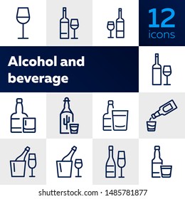 Alcohol and beverage icons. Set of line icons on white background. Glass, bottle, wine. Bar concept. Vector illustration can be used for topics like restaurant, alcohol, party